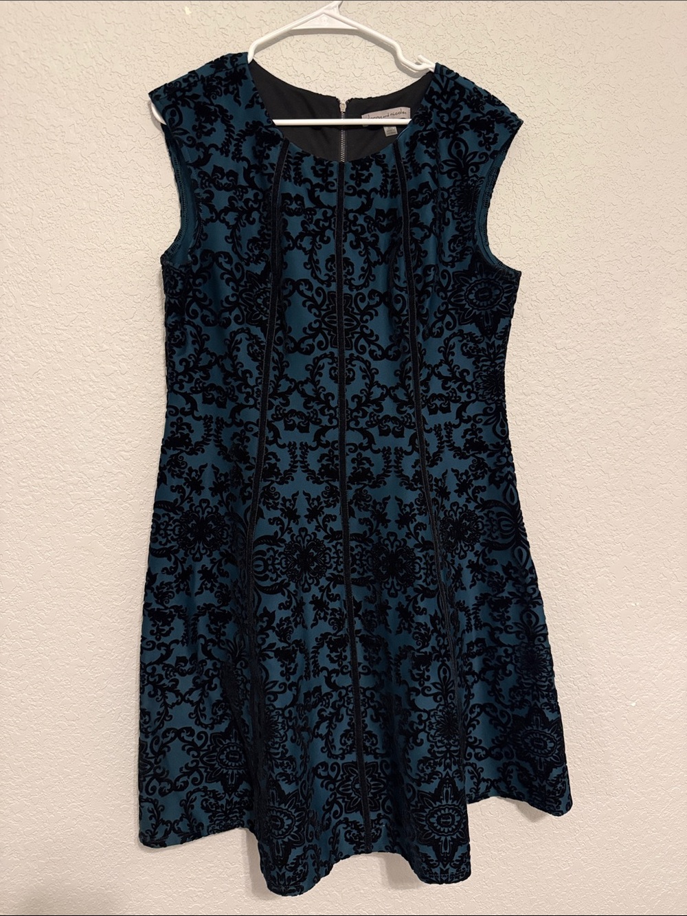 Danny & Nicole Teal and Black Flocked A-Line Dress